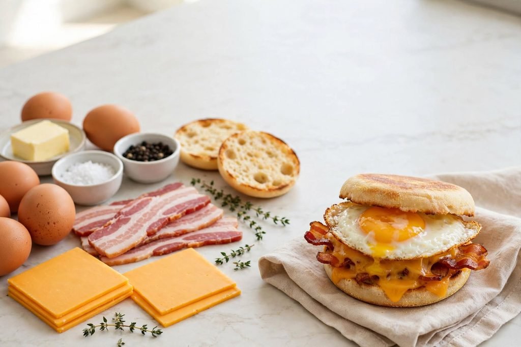Raw ingredients for a breakfast sandwich including English muffins, bacon, cheddar cheese, and eggs.