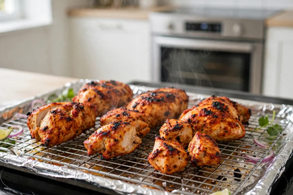 Charred chicken tikka pieces on a wire rack after broiling