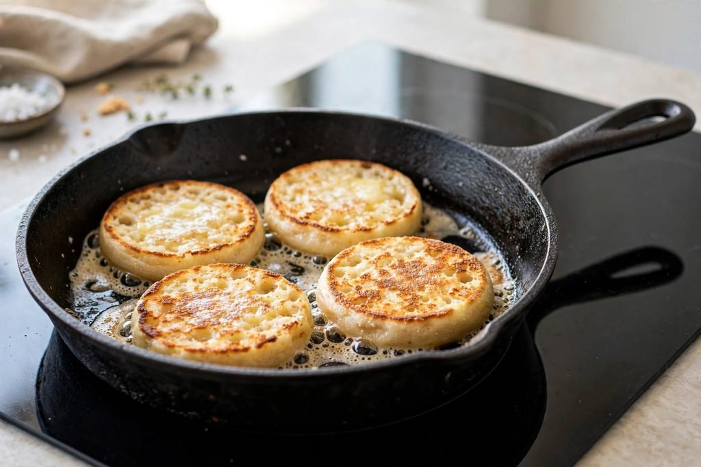 English muffin halves toasting cut-side down in a skillet until golden brown.