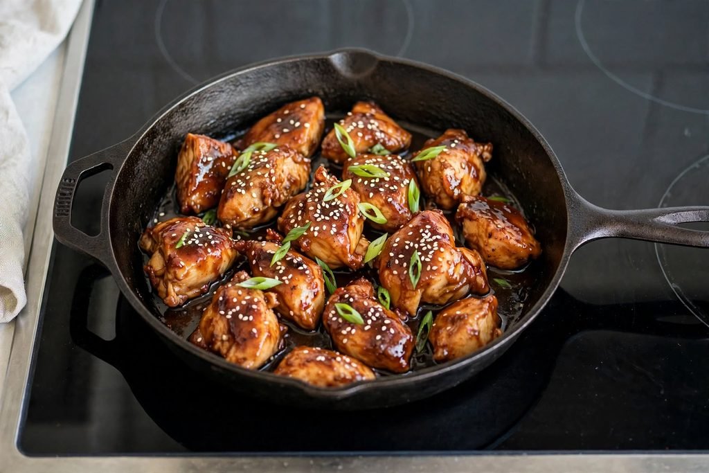 Skillet of bourbon chicken coated in glossy brown sauce with sesame seeds and green onion garnish