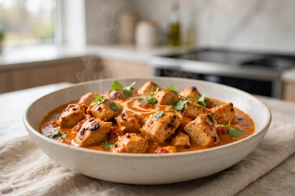 Bowl of creamy chicken tikka masala topped with fresh cilantro and a swirl of cream
