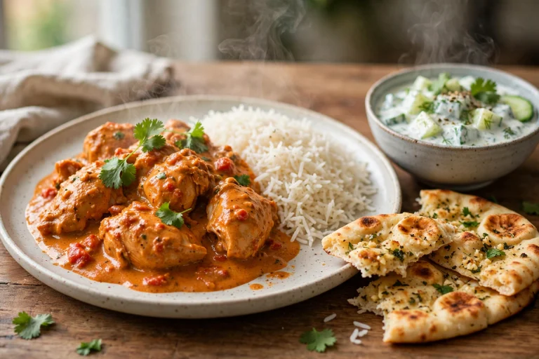 Plate of chicken tikka masala with basmati rice, garlic naan, and cucumber raita