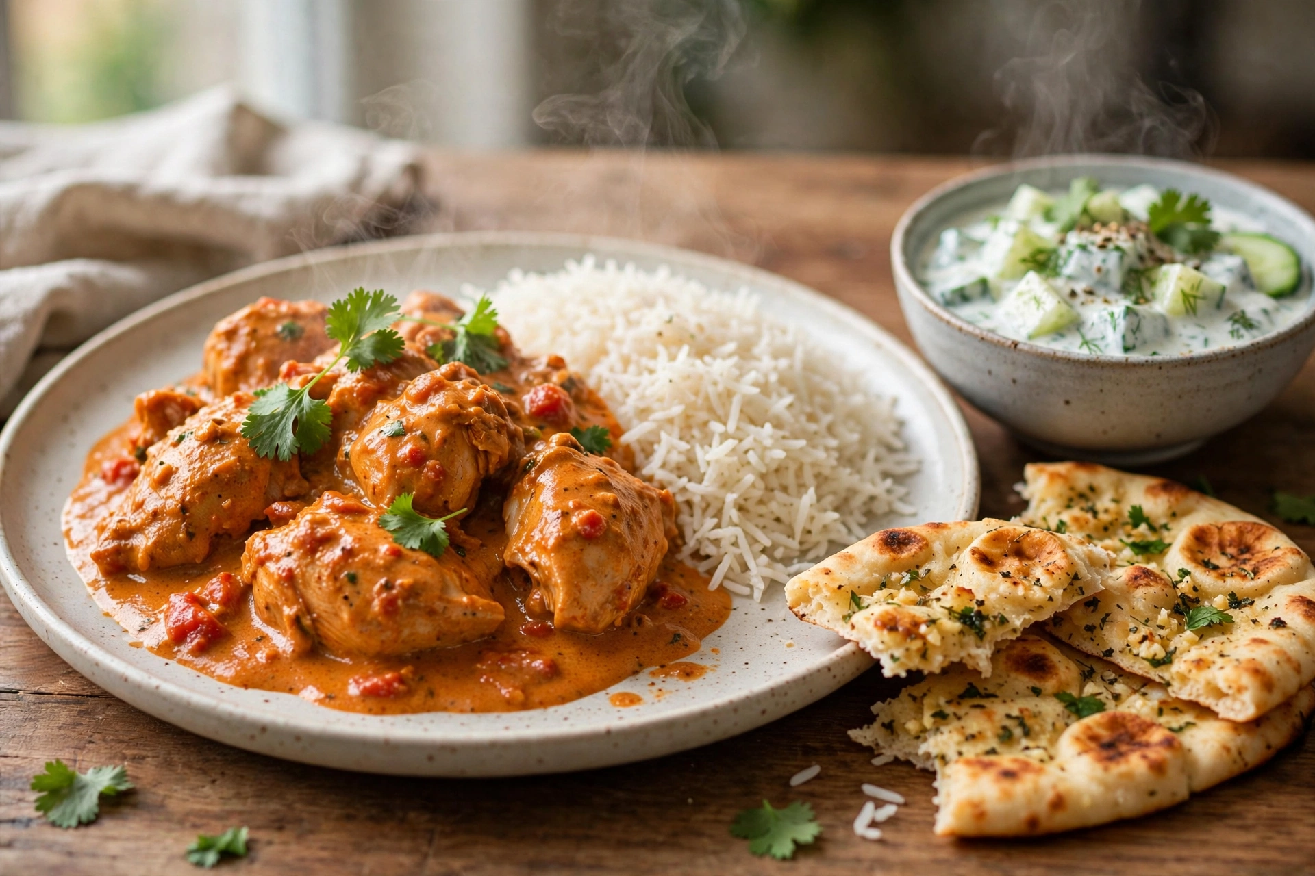 Plate of chicken tikka masala with basmati rice, garlic naan, and cucumber raita