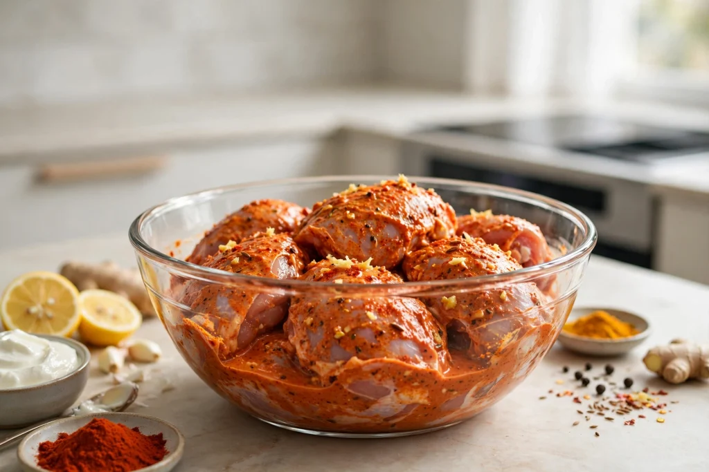 Chicken pieces coated in a red yogurt and spice marinade in a glass bowl