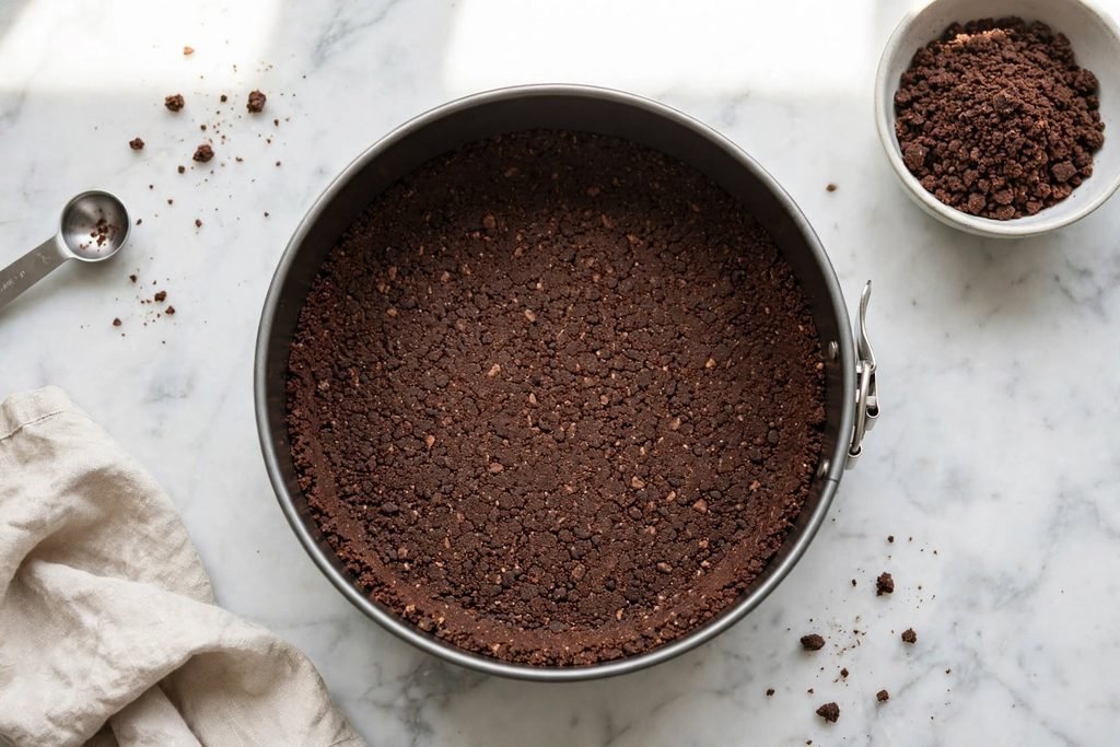 Chocolate cookie crumble layer pressed into a springform pan for ice cream cake