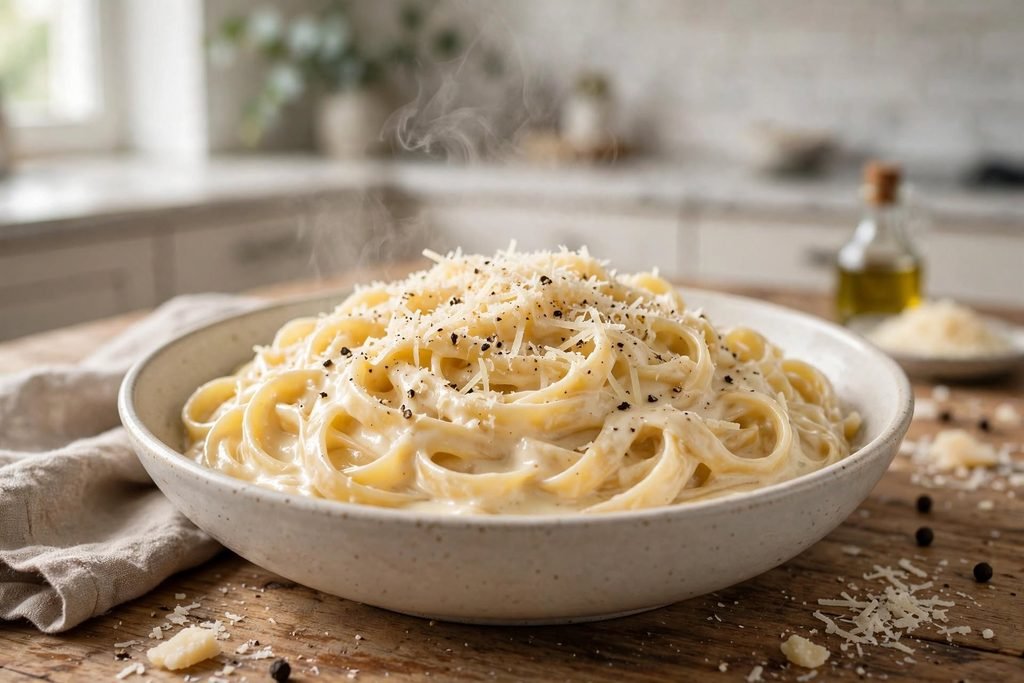 A bowl of creamy fettuccine alfredo garnished with black pepper and parmesan cheese.