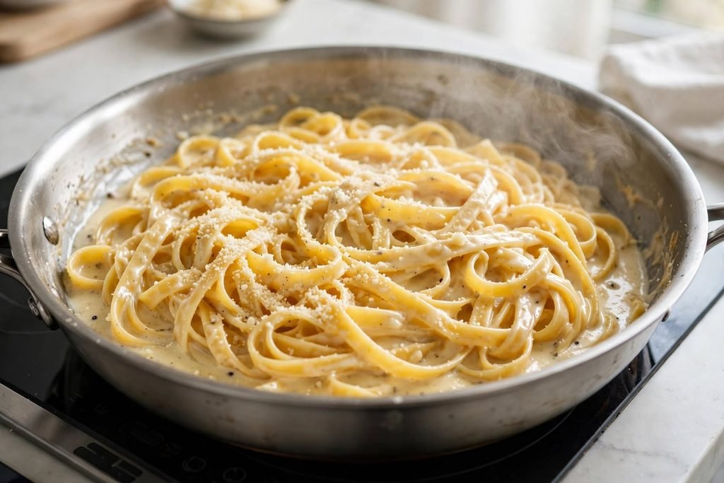 Fettuccine noodles being tossed in a skillet with creamy parmesan sauce.