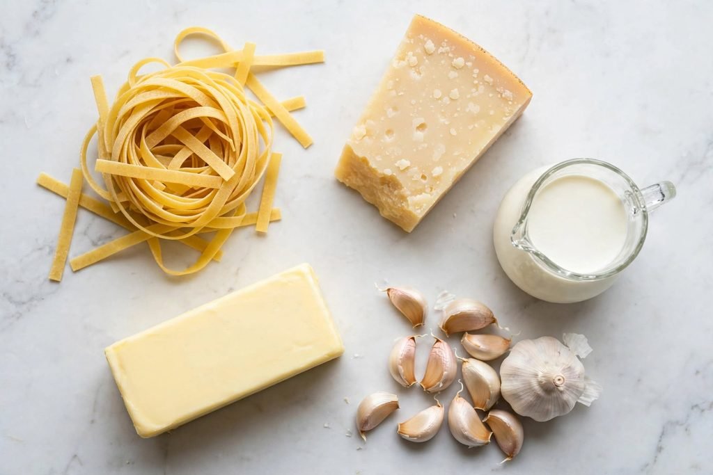Ingredients for fettuccine alfredo including pasta, butter, garlic, parmesan, and cream on a countertop.