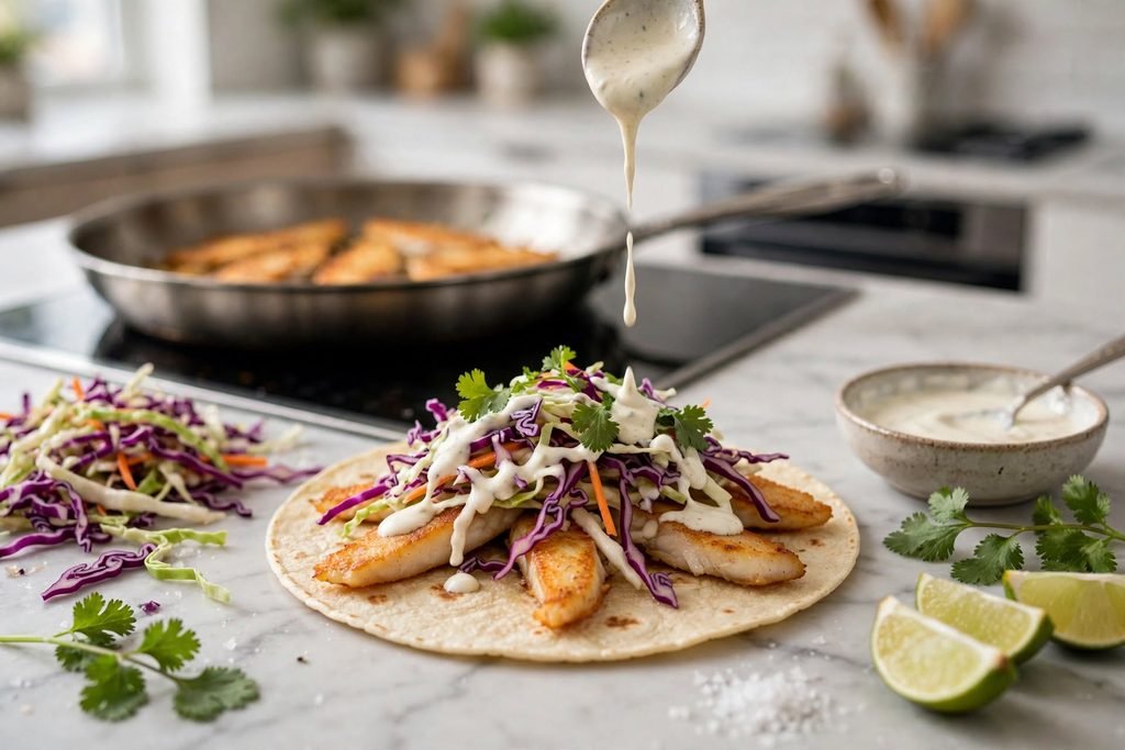 An open corn tortilla being topped with fish, cabbage slaw, and lime crema.