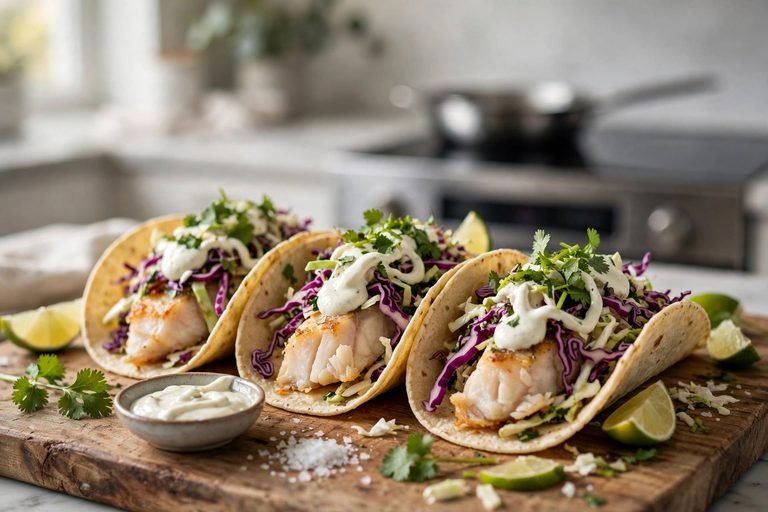 Three fish tacos topped with cabbage slaw and lime crema on a wood board with lime wedges.