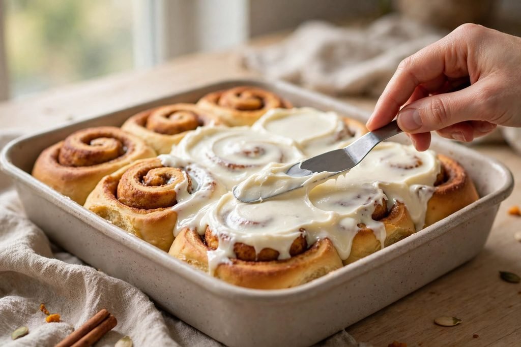 Cream cheese frosting being spread over warm pumpkin cinnamon rolls