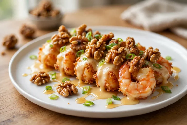 A plate of crispy honey walnut shrimp coated in creamy sauce and topped with candied walnuts.