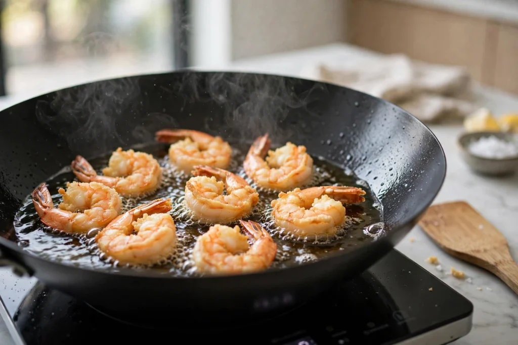 Golden battered shrimp frying in hot oil until crisp.