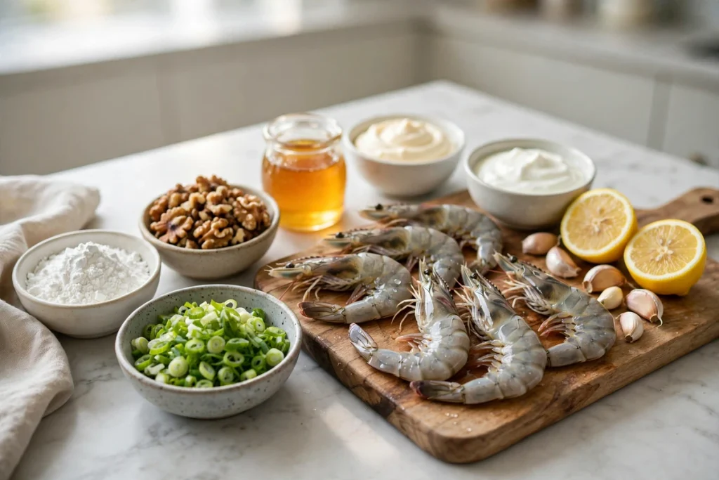 Raw shrimp, walnuts, cornstarch, and sauce ingredients arranged for making honey walnut shrimp.