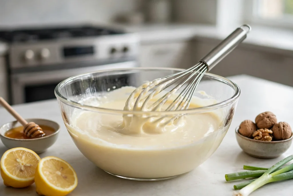 Creamy honey walnut shrimp sauce being whisked together in a glass bowl.