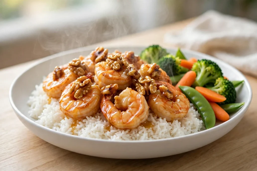 Honey walnut shrimp plated over steamed jasmine rice with vegetables on the side.
