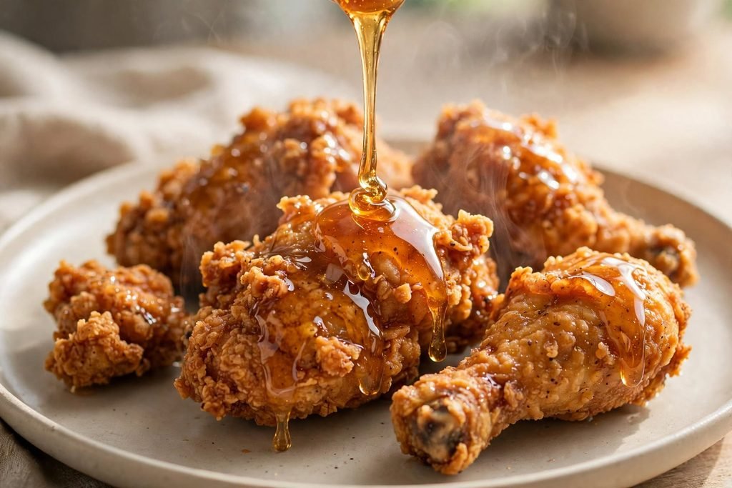 Hot honey glaze being drizzled over crispy fried chicken pieces