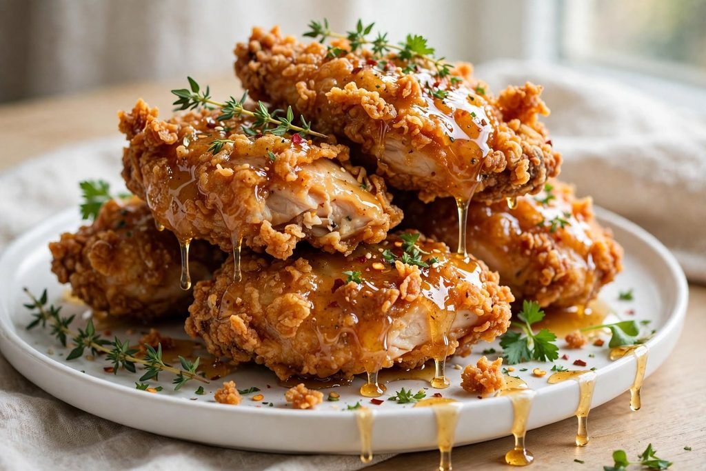 Crispy hot honey chicken pieces glazed with sticky honey sauce on a white plate