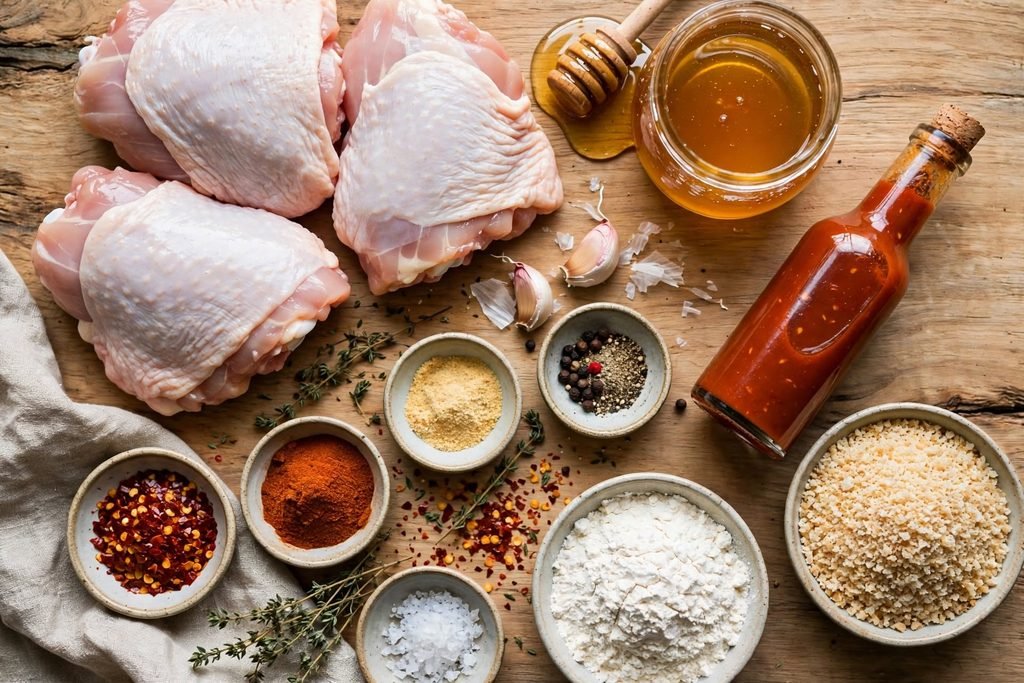 Flat lay of raw ingredients for hot honey chicken including chicken thighs, honey, and spices