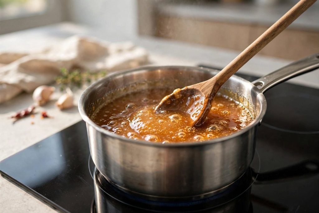 Hot honey glaze simmering in a saucepan with a wooden spoon