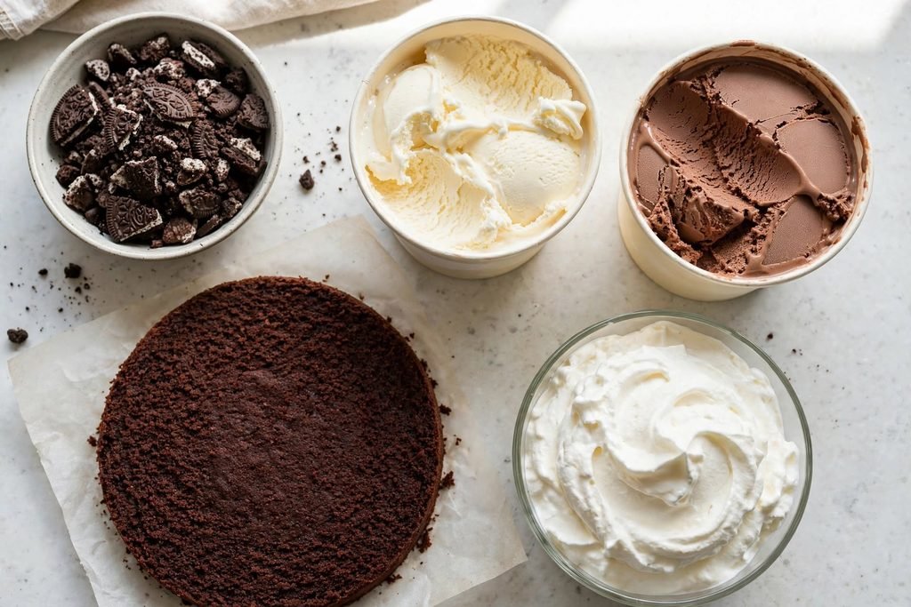 Ingredients for homemade ice cream cake including cake layer, crushed cookies, ice cream, and whipped cream