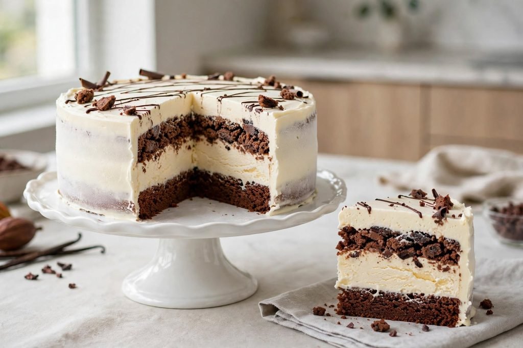 Whole homemade ice cream cake sliced to show layers of cake, ice cream, and chocolate crumble