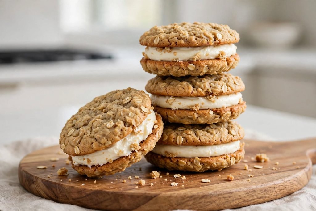 Stack of homemade oatmeal cream pies with cream filling on a wooden board