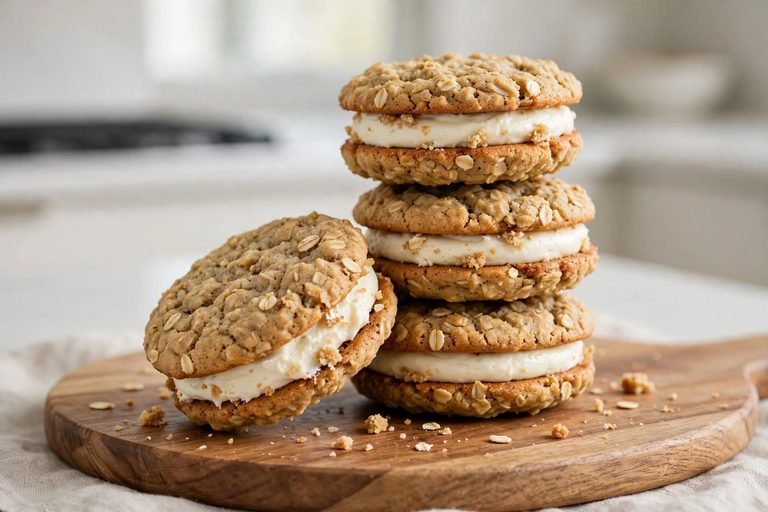 Stack of homemade oatmeal cream pies with cream filling on a wooden board