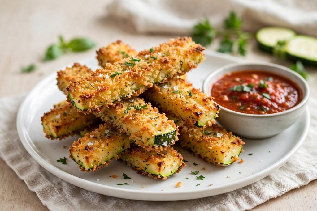 A plate of golden crispy baked zucchini fries served with marinara dipping sauce.