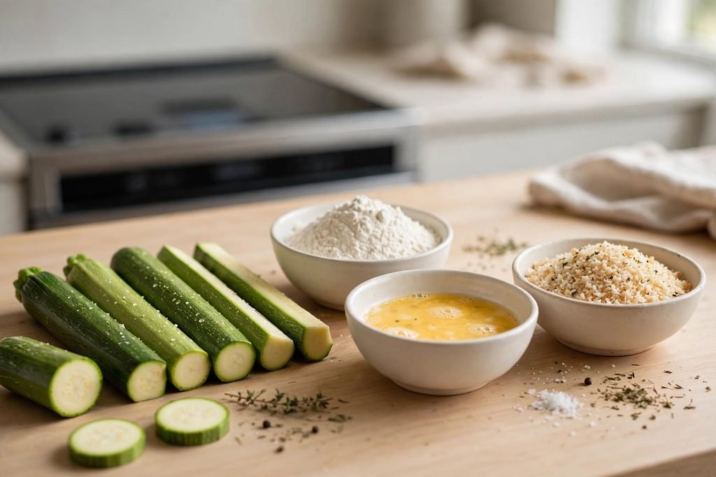 Raw zucchini sticks next to bowls of flour, egg wash, and seasoned panko breadcrumbs ready for breading.