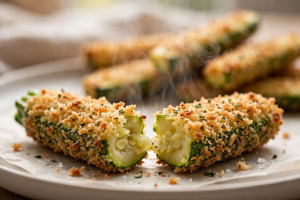 Close-up of a crispy zucchini fry broken open to show the tender center and crunchy golden coating.