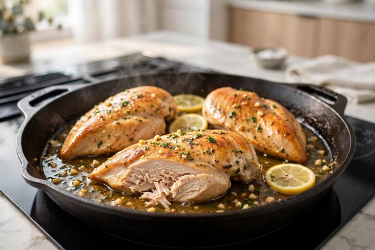 Golden seared lemon chicken breasts in a skillet with lemon slices and parsley.
