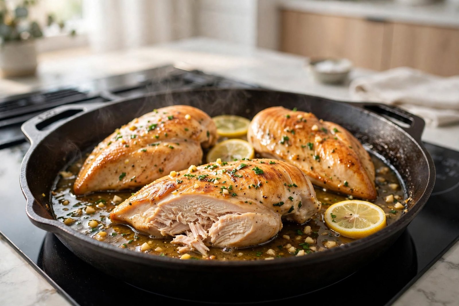 Golden seared lemon chicken breasts in a skillet with lemon slices and parsley.