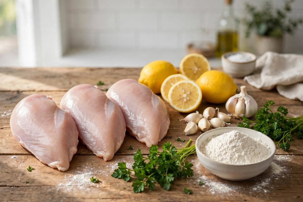 Raw chicken breasts, lemons, garlic, and herbs laid out for lemon chicken recipe.