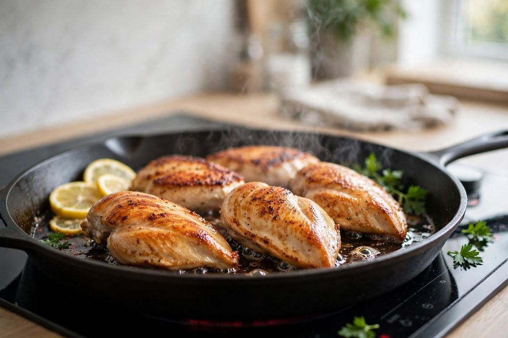 Chicken breasts searing golden brown in a skillet.