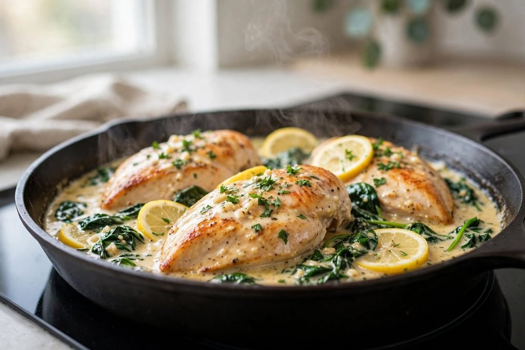 Creamy lemon chicken with spinach in a skillet.