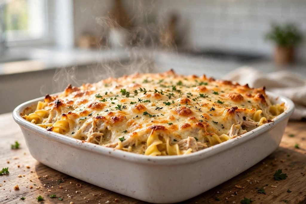 Baked chicken noodle soup casserole in a white ceramic dish with golden bubbling top