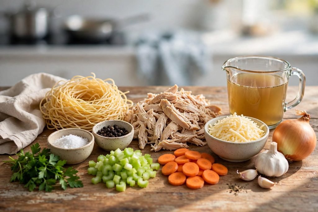 Fresh ingredients for chicken noodle soup casserole laid out on a wooden countertop