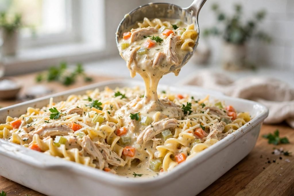 Creamy chicken noodle casserole mixture being spread into a baking dish