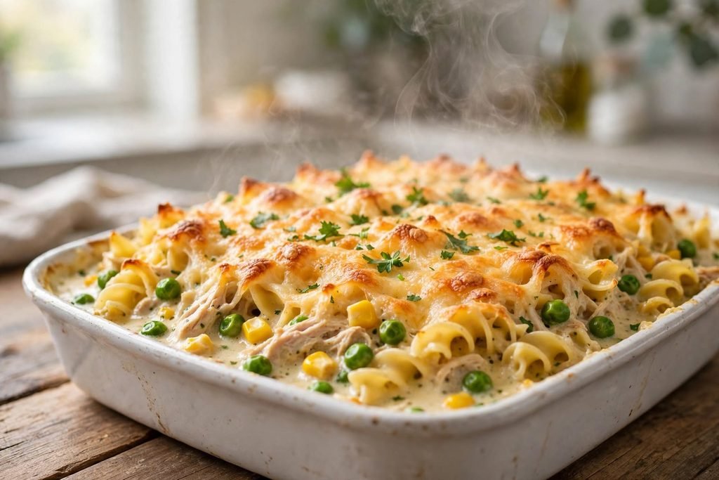 Chicken noodle casserole variation with peas and corn topped with golden cheese