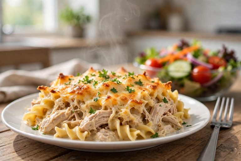 Plated serving of chicken noodle soup casserole with a fork and side salad