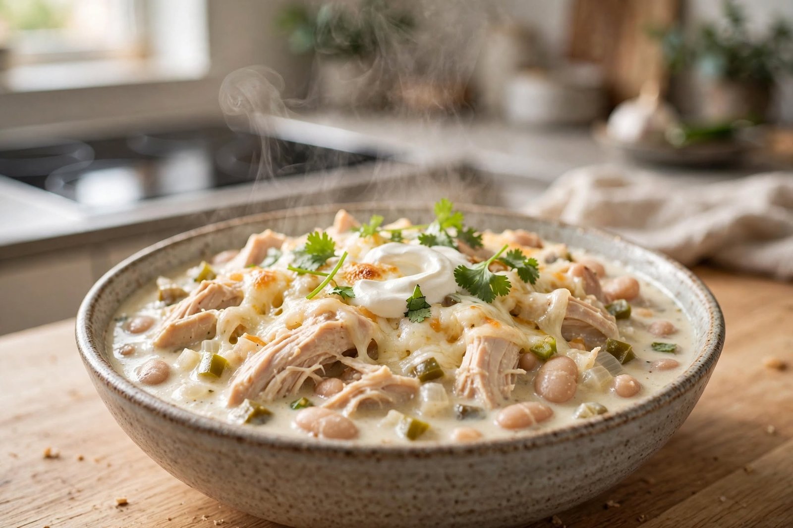A bowl of white chicken chili topped with cheese, sour cream, and cilantro