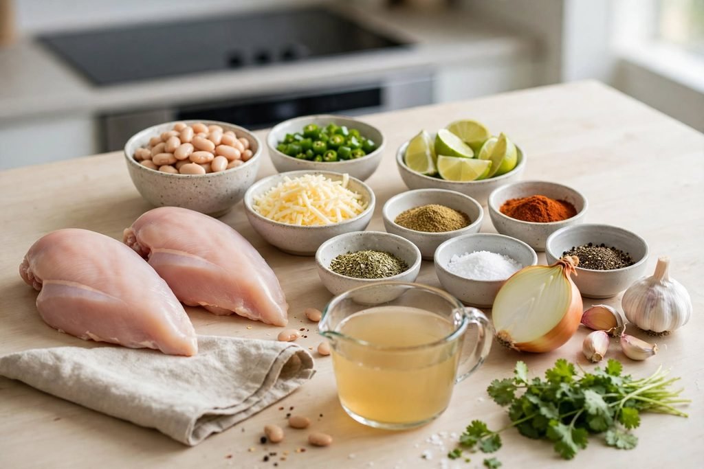 Ingredients for white chicken chili arranged on a countertop