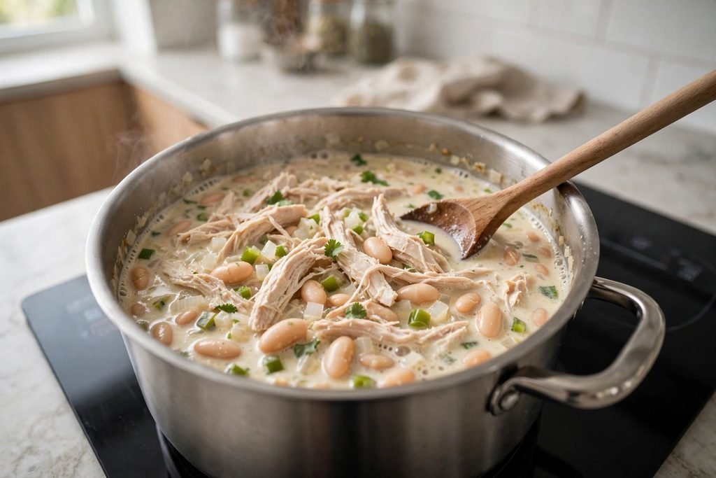 Shredded chicken being stirred into a pot of white chicken chili