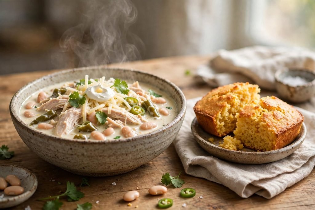White chicken chili served with cornbread on a wooden table