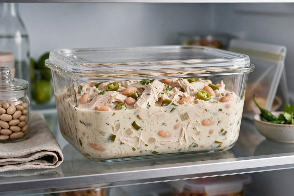 White chicken chili stored in a glass container for the refrigerator