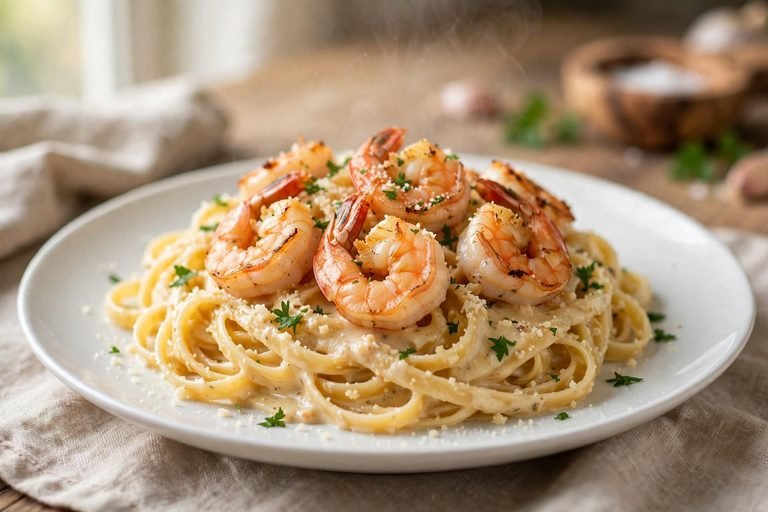 A plate of creamy shrimp alfredo pasta garnished with parsley and parmesan.