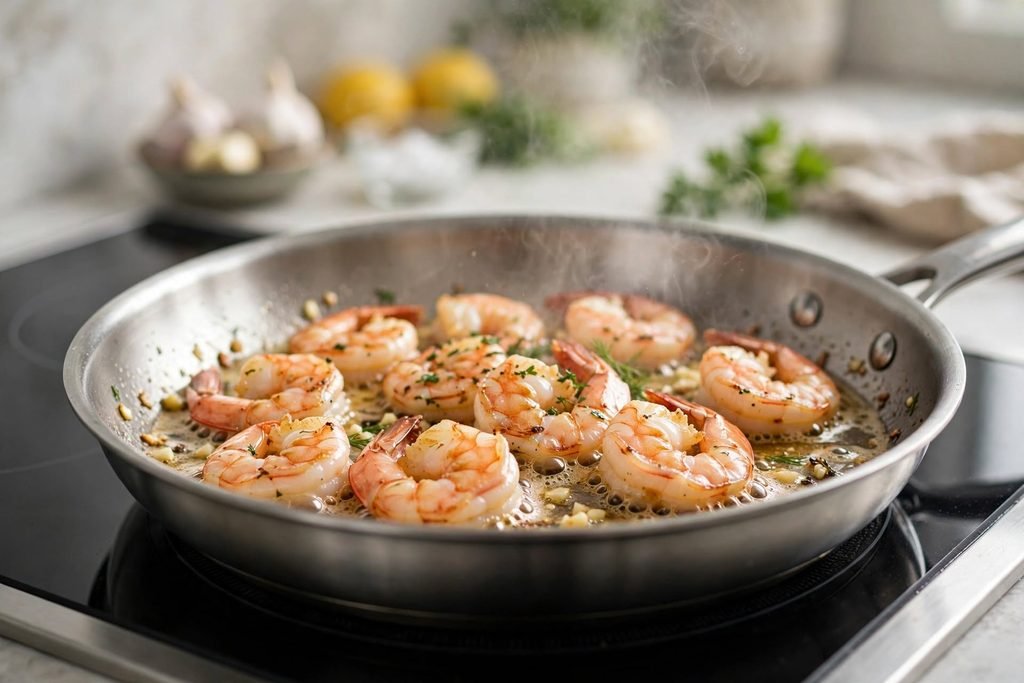 Shrimp searing in a skillet with garlic and melted butter.