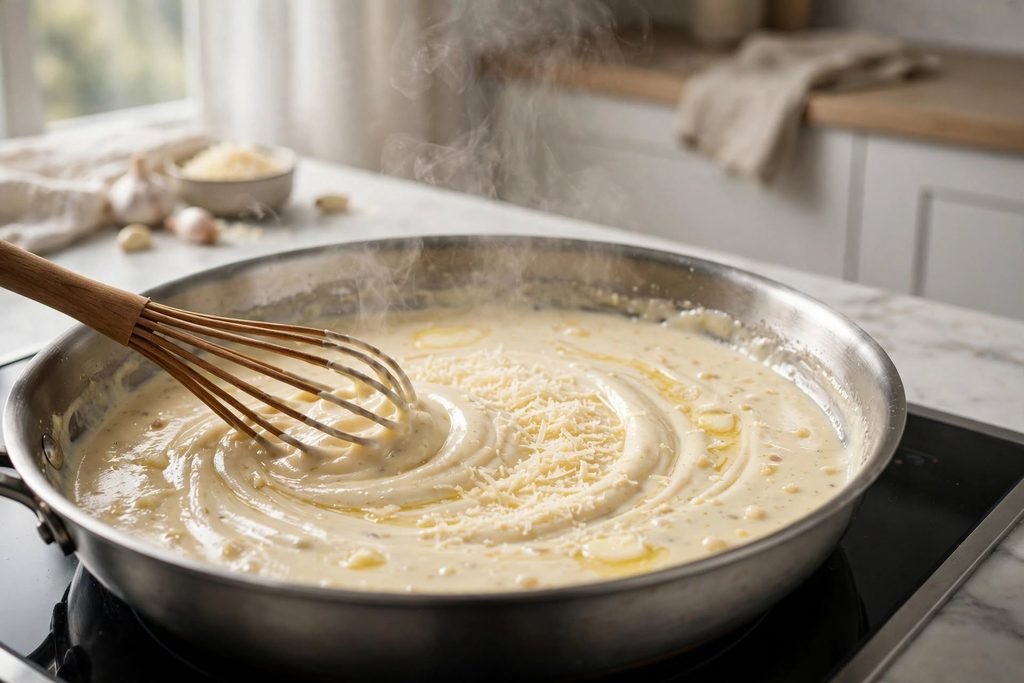 Creamy parmesan alfredo sauce being whisked smooth in a skillet.