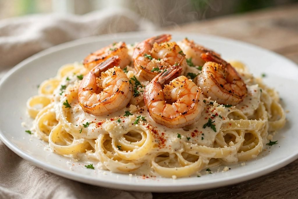 Cajun-style shrimp alfredo pasta with visible spice seasoning.
